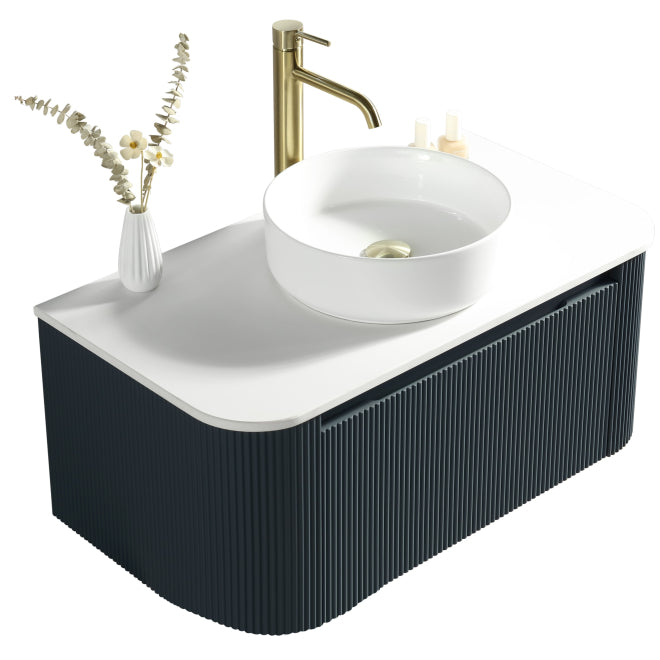 Fluted Curved Corner Vanity Unit with Counter Top – Midnight Shadow