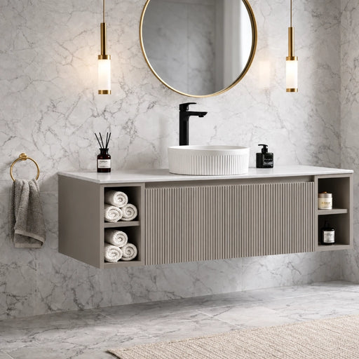 Wall-hung fluted vanity with integrated sink, two side storage, soft coffee finish