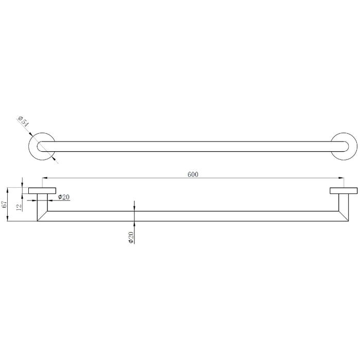 Round Single Towel Rail 600mm - Chrome
