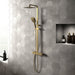 Brushed brass shower system with square rain head, handheld head, and hose.