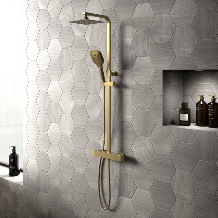 Premium Square Thermostatic T-Bar Shower with Rain Head - Brushed Brass