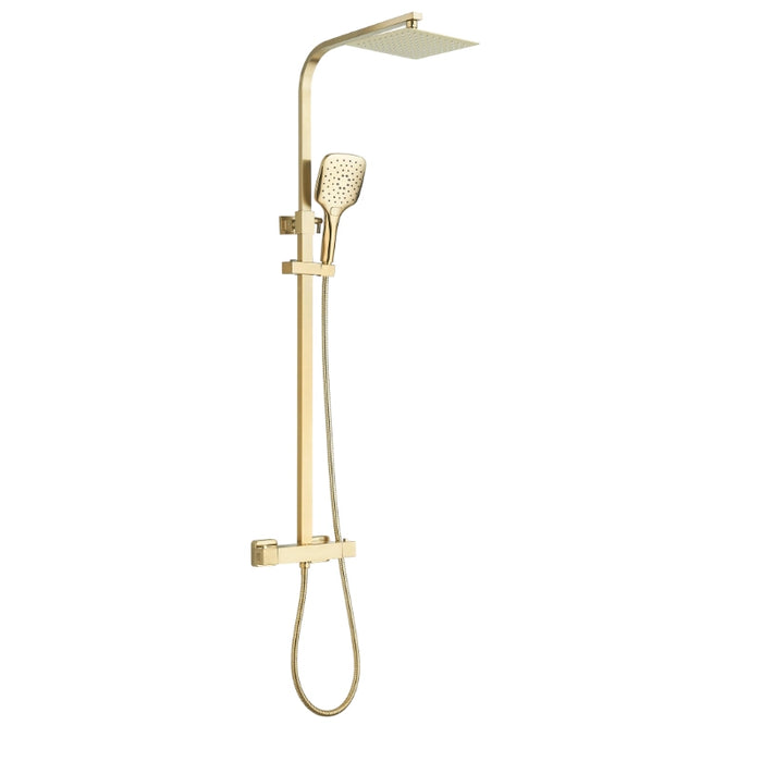 Premium Square Thermostatic T-Bar Shower with Rain Head - Brushed Brass