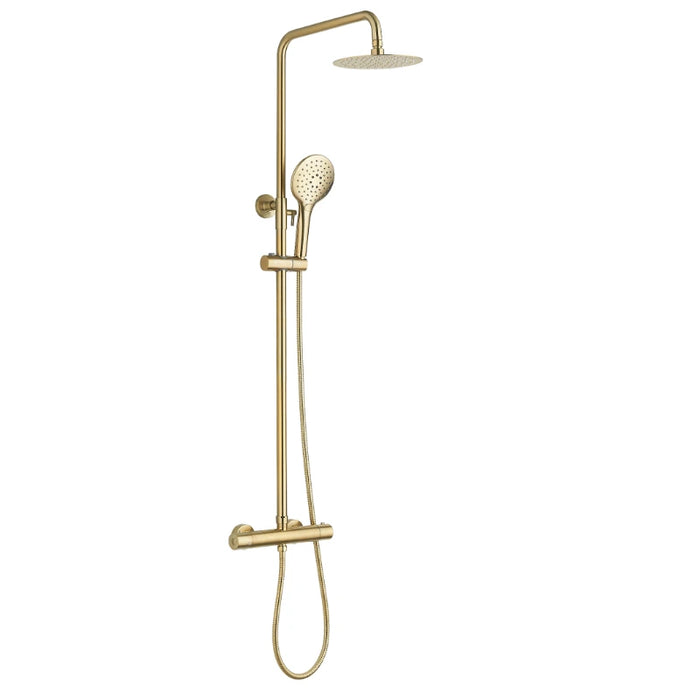 Premium Round Thermostatic T-Bar Shower with Rain Head - Brushed Brass