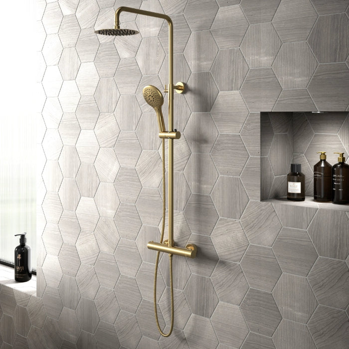 Premium Round Thermostatic T-Bar Shower with Rain Head - Brushed Brass