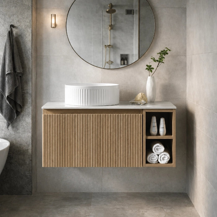 Fluted 800mm Wall Hung Vanity Unit with Side Storage Box & Counter Top - Country Oak