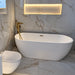 White freestanding bathtub with brass floor tap and overflow outlet, oval 1650x700mm