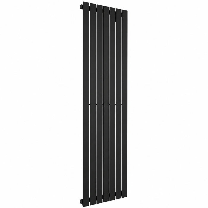 Black vertical flat single panel radiator with multiple slim bars, side view