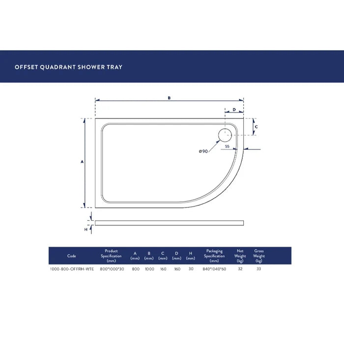 Offset quadrant shower tray technical diagram with measurement lines