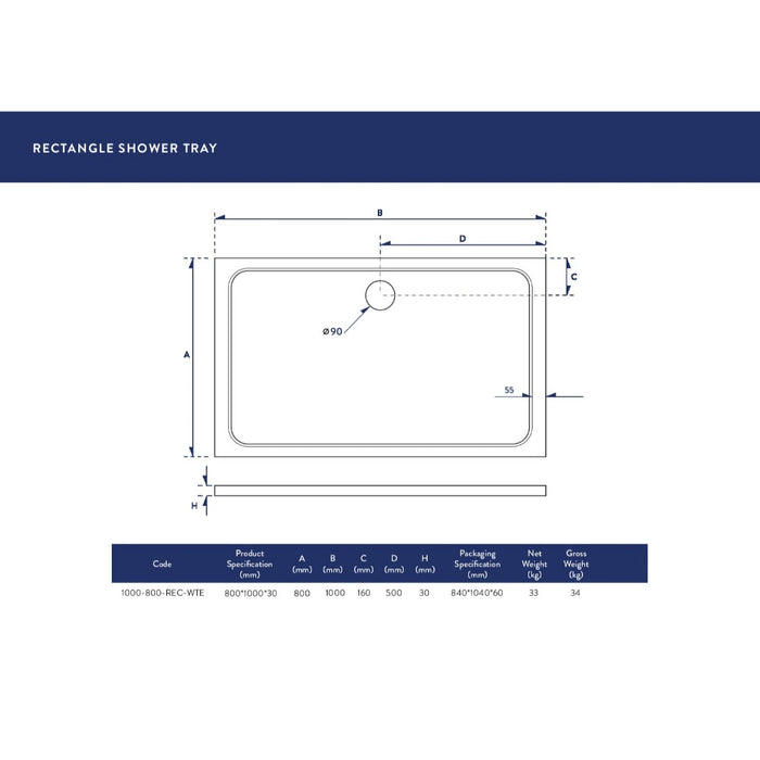 1000 x 800 mm Slimline Low Profile Rectangle Shower Tray White