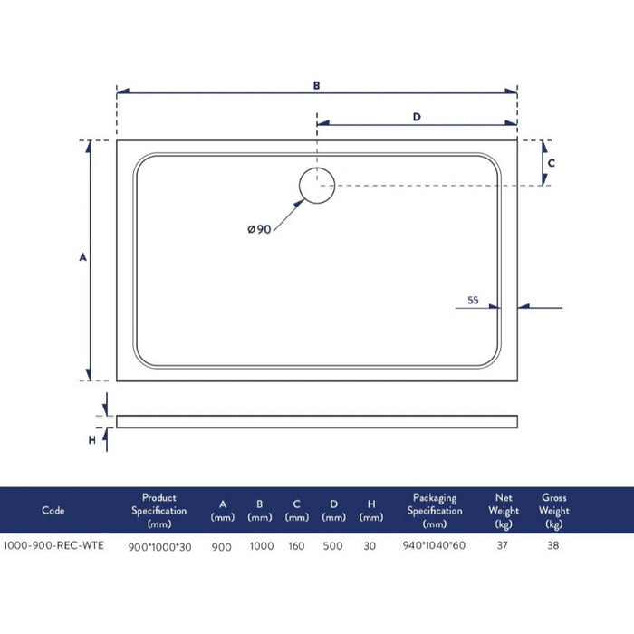 Slimline 1000 x 900 mm Low Profile Rectangle Shower Tray - White