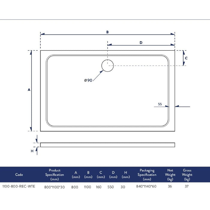 Slimline 1100 x 800 mm Low Profile Rectangle Shower Tray - White