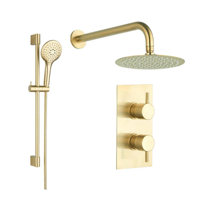 Concealed Brushed Brass Thermostatic Shower Valve with Rail, Hose & Head
