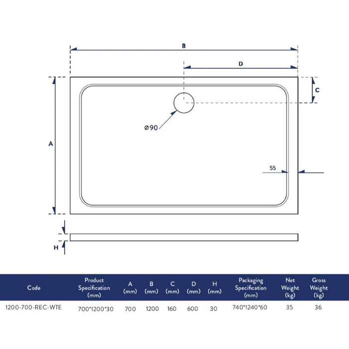 Slimline 1200 x 700 mm Low Profile Rectangle Shower Tray - White
