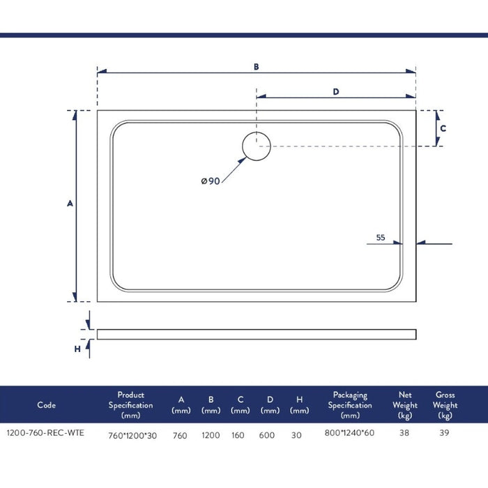Slimline 1200 x 760 mm Low Profile Rectangle Shower Tray - White