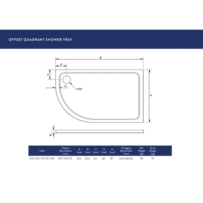 Slimline 1200 x 800mm Offset Low Profile Quadrant Shower Tray with Waste - Left Hand