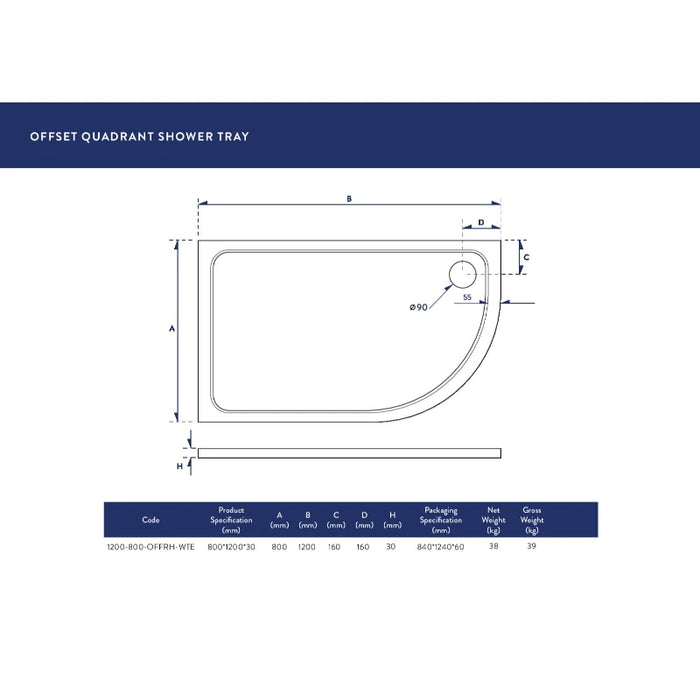 Slimline 1200 x 800mm Offset Low Profile Quadrant Shower Tray with Waste - Right Hand