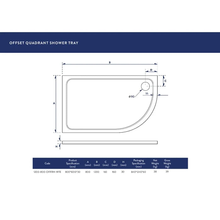 1200 x 800mm Chrome Quadrant Shower Enclosure with Right Hand Shower Tray