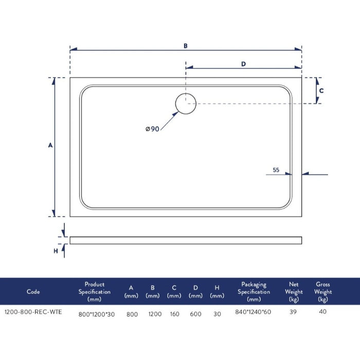 Slimline 1200 x 800 mm Low Profile Rectangle Shower Tray - White