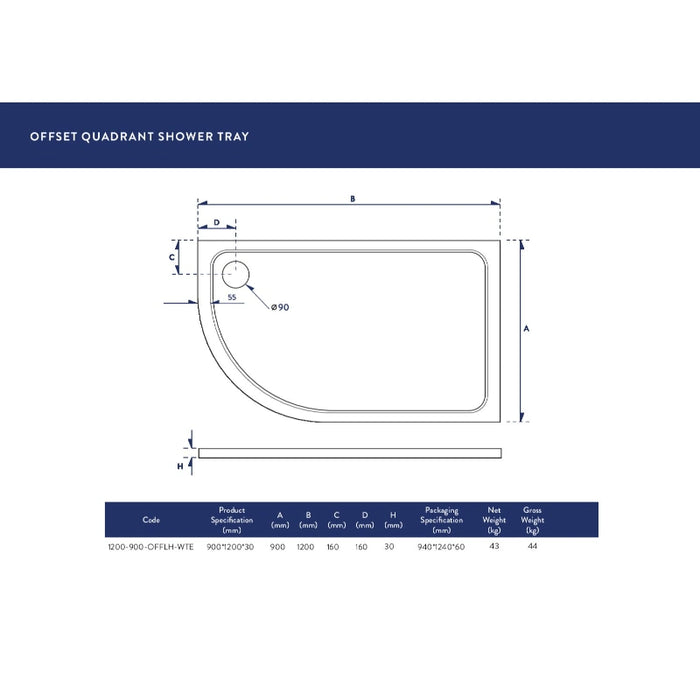 Slimline 1200 x 900mm Offset Low Profile Quadrant Shower Tray with Waste - Left Hand