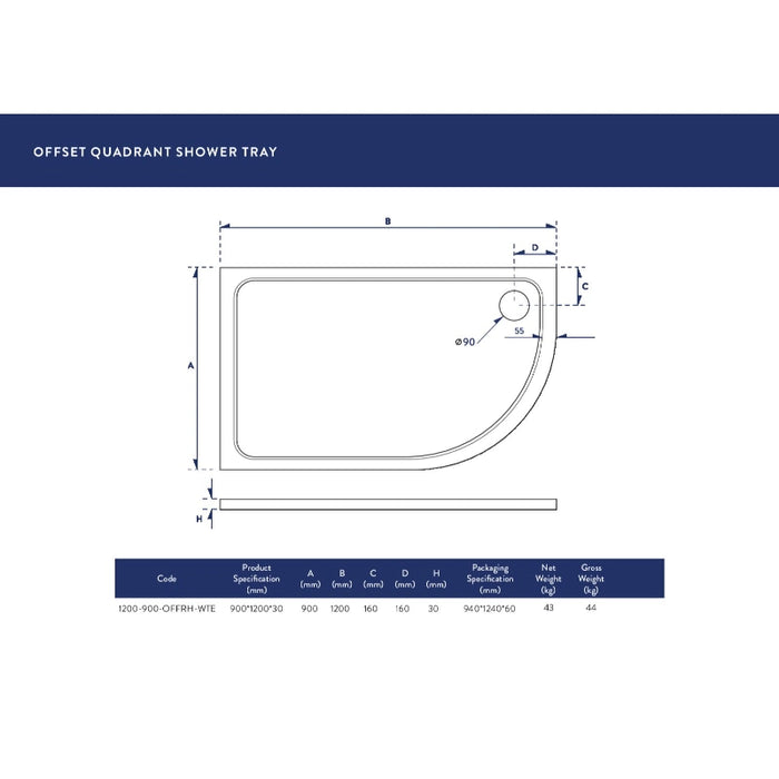Slimline 1200 x 900mm Offset Low Profile Quadrant Shower Tray with Waste - Right Hand