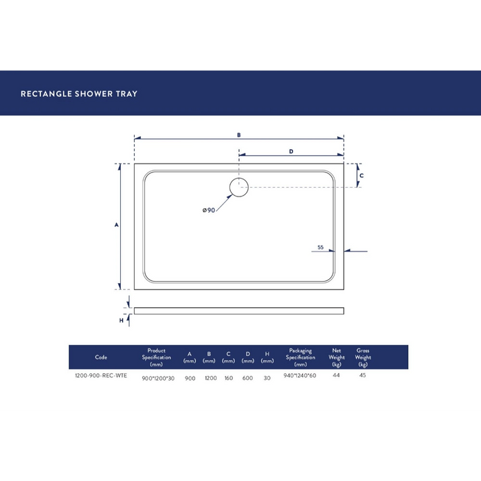 1200 x 900 mm Slimline Rectangle Shower Tray White - Bathroom Warehouse