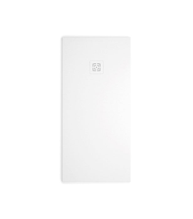 White rectangular shower tray with square waste outlet cover