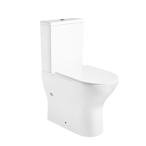 White close-coupled toilet with comfort height and open-back rimless design