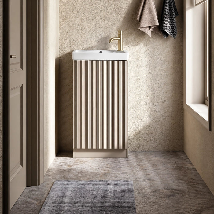Soft coffee fluted vanity unit with white ceramic basin and brass-style faucet
