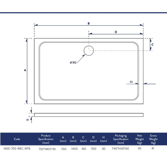 Slimline 1400 x 700 mm Low Profile Rectangle Shower Tray - White