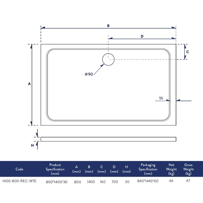 Slimline 1400 x 800 mm Low Profile Rectangle Shower Tray - White