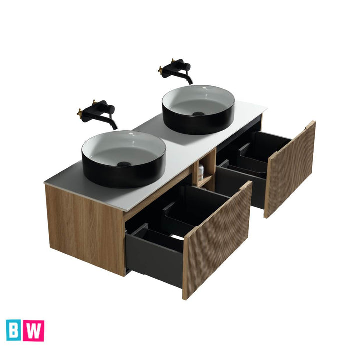 Fluted 1400mm Wall-Hung Double Vanity Unit & Counter Top – Oak