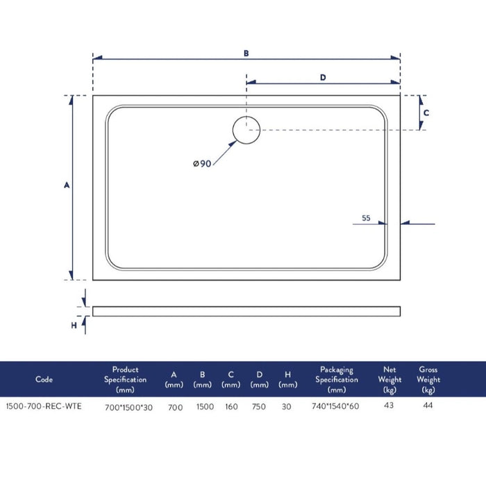 White low profile rectangle shower tray, top view with outlet hole and dimensions