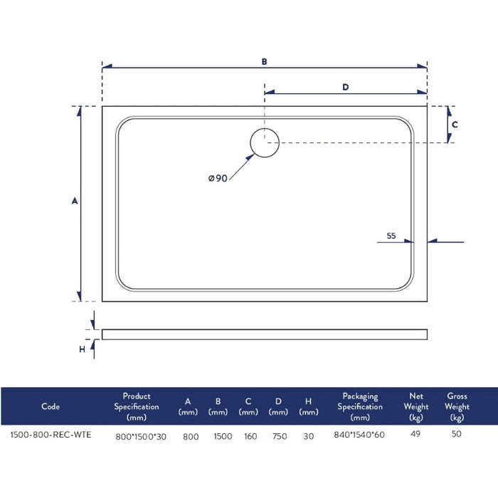 Low profile rectangular shower tray in white, with dimensions and cut-out details shown