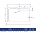 Low profile rectangular shower tray in white, with dimensions and cut-out details shown