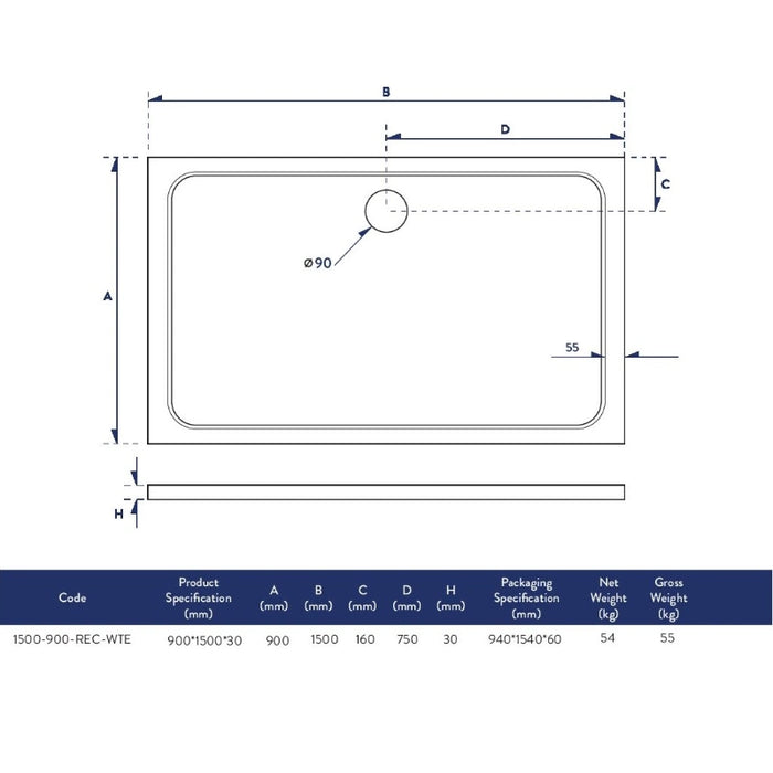 Low profile rectangular shower tray, white, rounded edges and drain outlet diagram