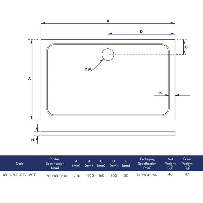 Slimline 1600 x 700 mm Low Profile Rectangle Shower Tray - White