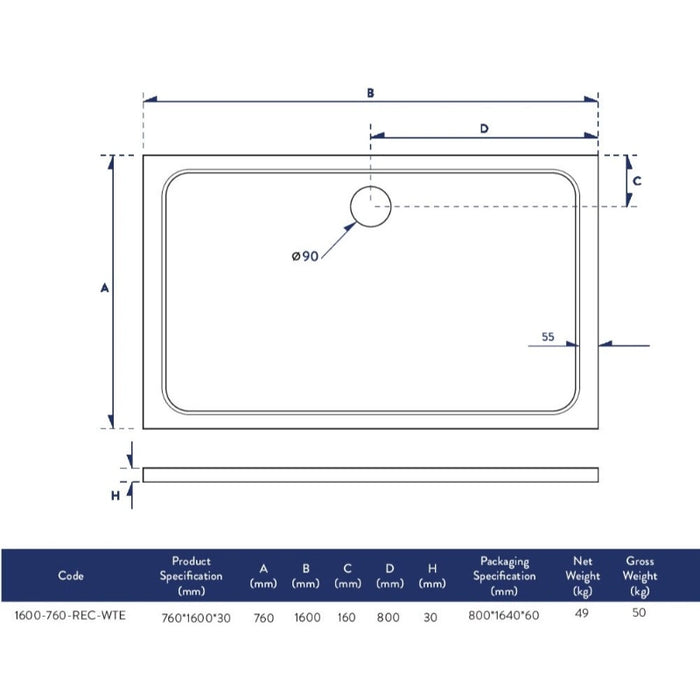 Slimline 1600 x 760 mm Low Profile Rectangle Shower Tray - White
