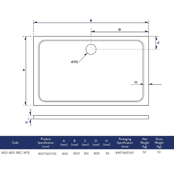 Slimline 1600 x 800 mm Low Profile Rectangle Shower Tray - White
