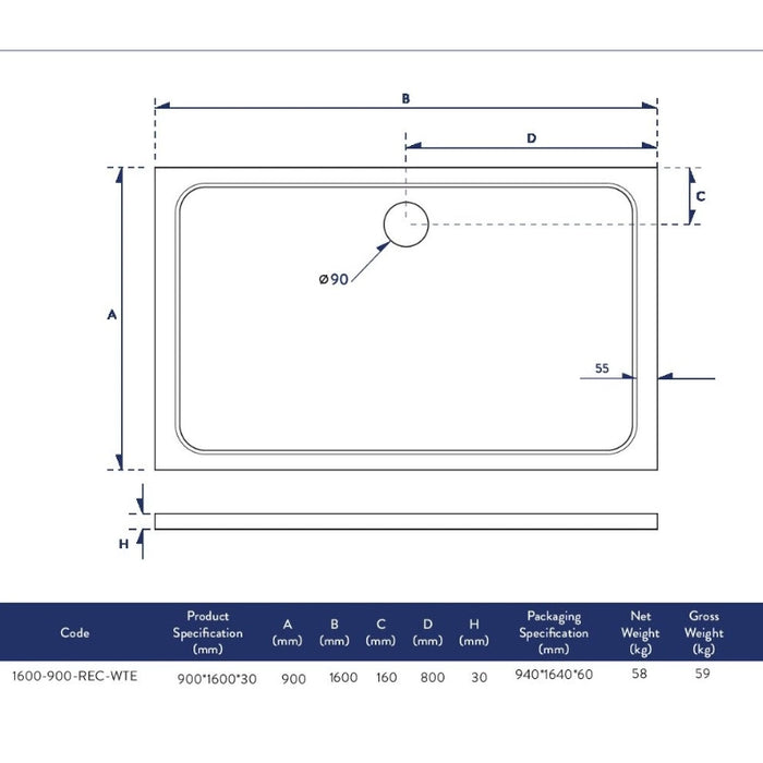 Slimline 1600 x 900 mm Low Profile Rectangle Shower Tray - White
