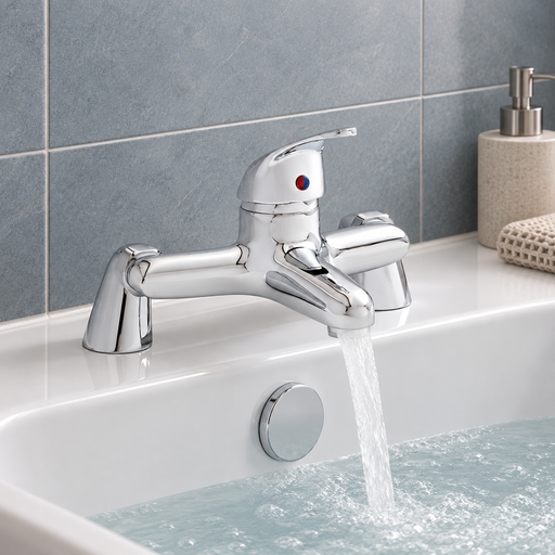 Chrome bath filler tap with single lever handle and curved spout