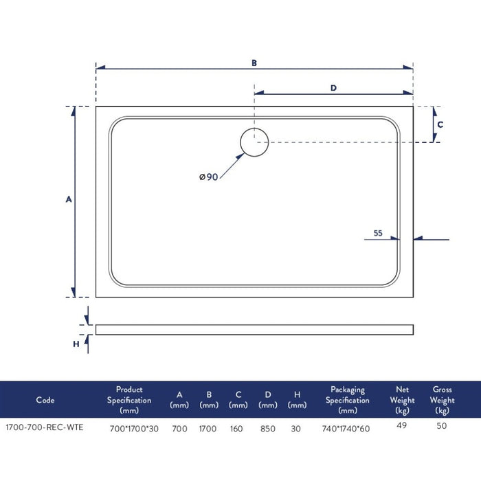 Slimline 1700 x 700 mm Low Profile Rectangle Shower Tray - White