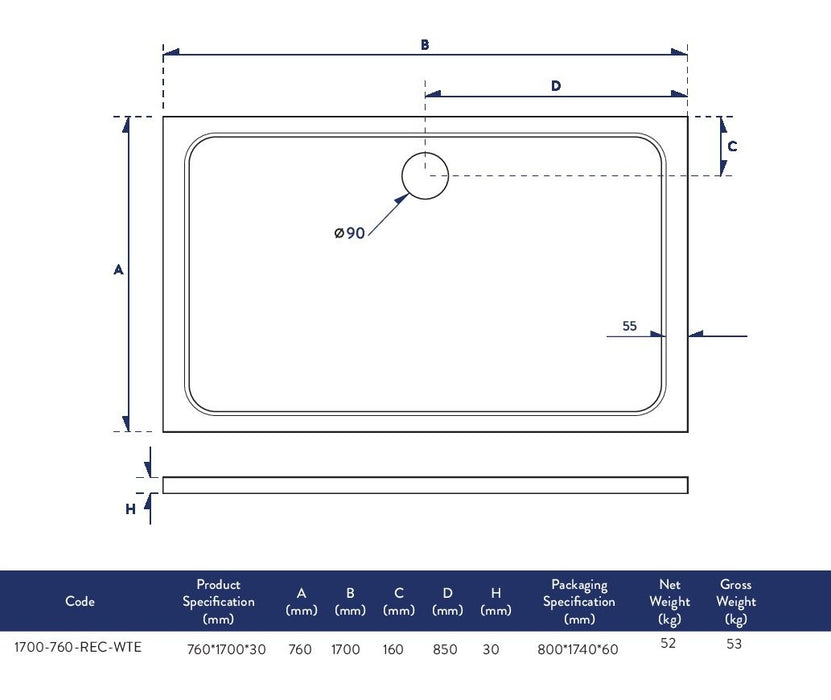 Slimline 1700 x 760 mm Low Profile Rectangle Shower Tray - White