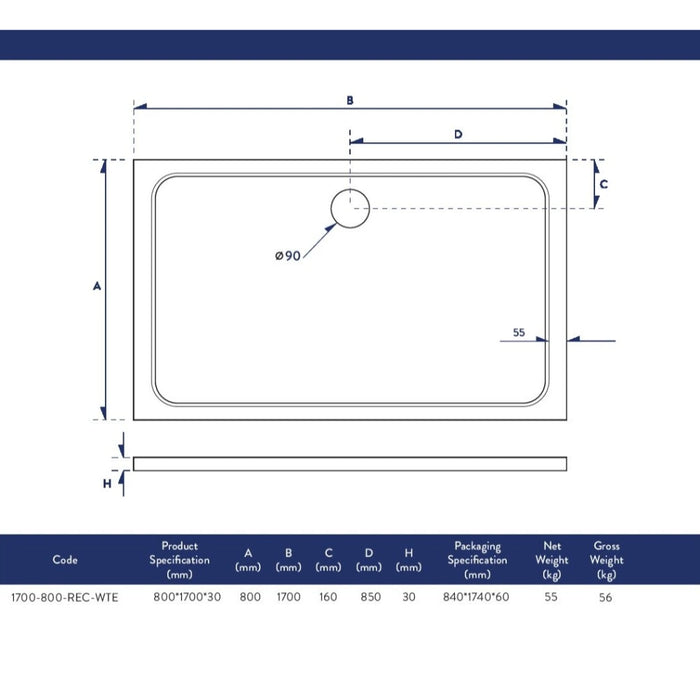 Slimline 1700 x 800 mm Low Profile Rectangle Shower Tray - White