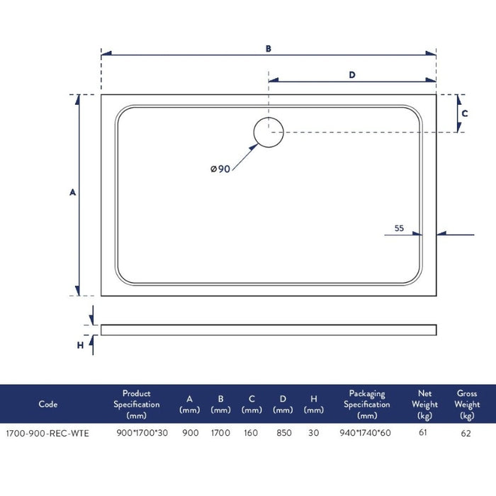 Slimline 1700 x 900 mm Low Profile Rectangle Shower Tray - White