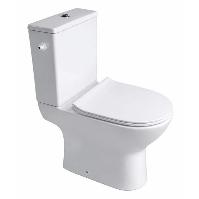 White toilet with soft-close seat, side view