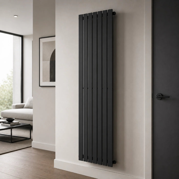 Black vertical flat single panel radiator mounted on a wall with slim vertical bars