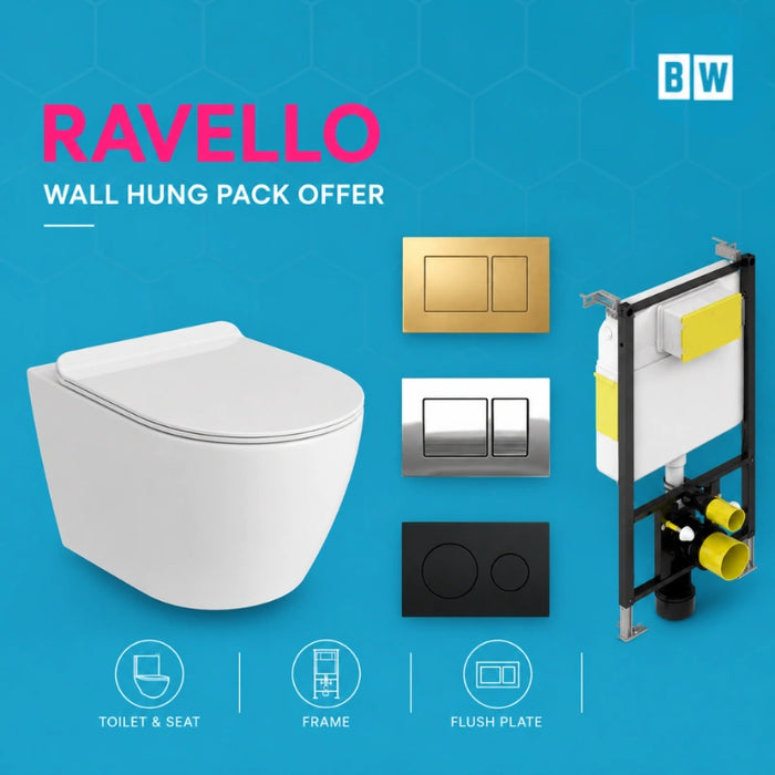 Rimless Wall Hung White Toilet, Frame & Button Pack