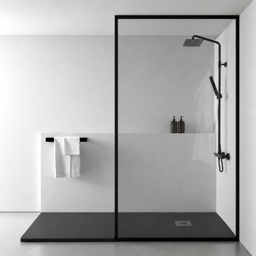 Black square shower tray with low-profile drain