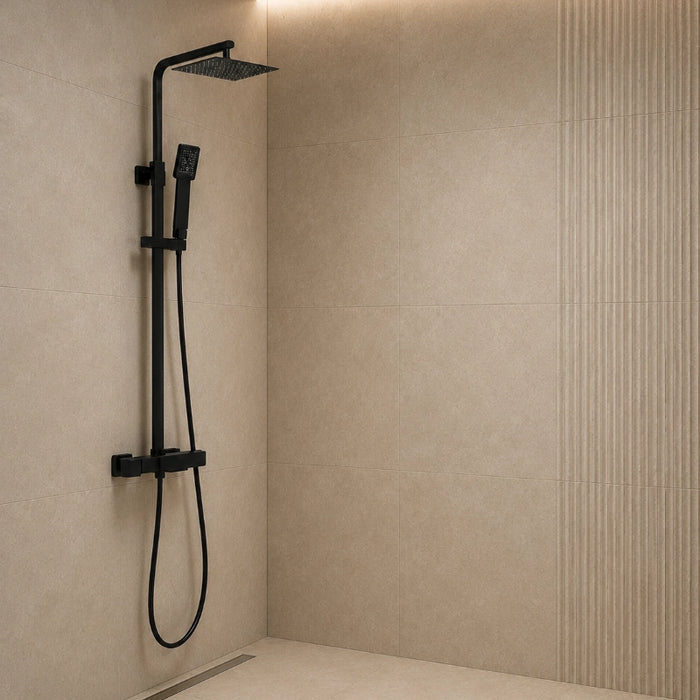 Flow Black Thermostatic T-Bar Shower with Rail & 200mm Square Drench Head