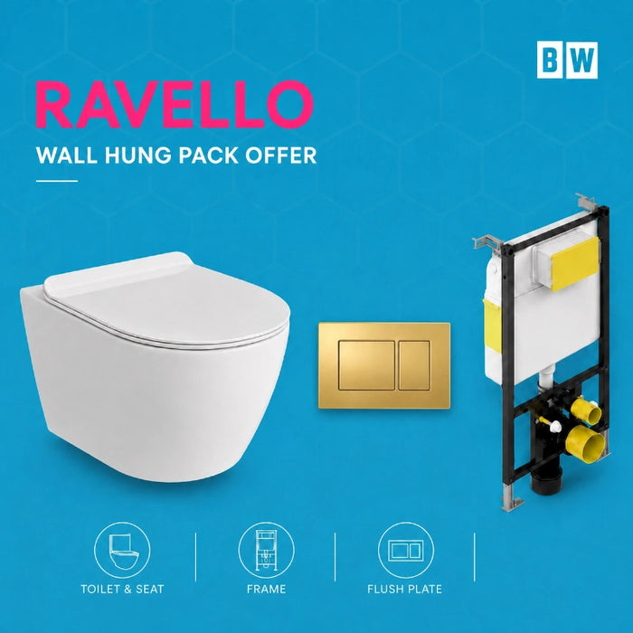Rimless Wall Hung White Toilet, Frame & Button Pack